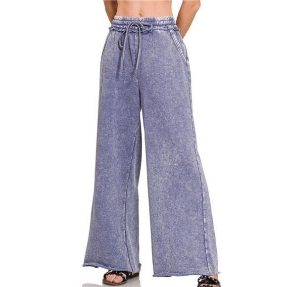 Zenana Acid Wash Fleece Palazzo Sweatpants with Pockets